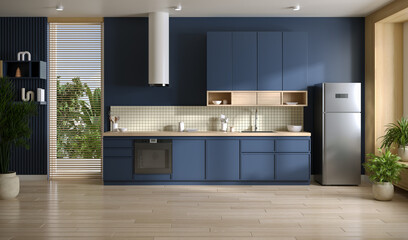 Modern Blue kitchen  room  interior design  ,3d render