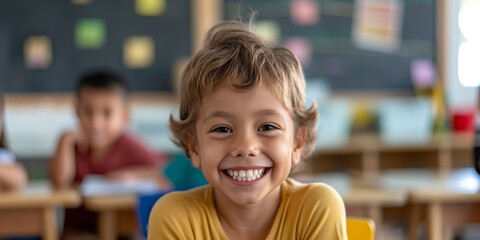 The Joy of Learning: A young boy beams with infectious joy in a vibrant classroom setting, showcasing the happiness and enthusiasm of early education. 