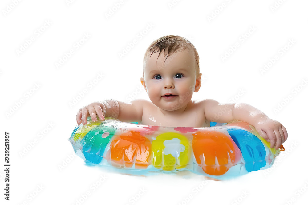 Wall mural Cute baby in inflatable swimming tube, isolated on clear white background.