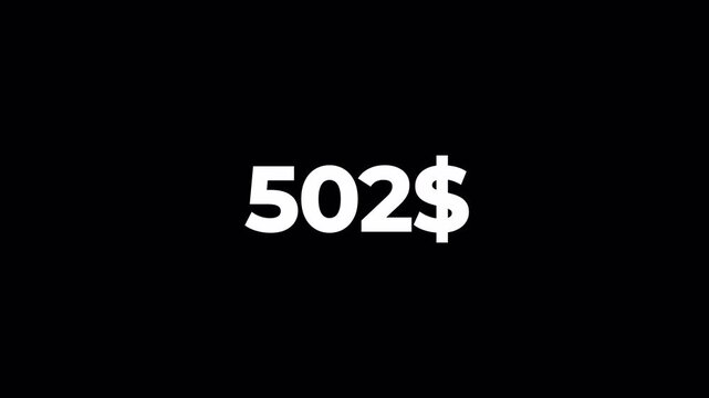 Number counter of dollar animation on transparent background with alpha channel, Animated Counter from 0 to 1000$ with 4k resolution, Number counting from 0 to $1000 animation 