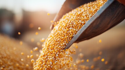 An image features golden corn kernels being poured from large machinery into a heap, highlighting the efficiency and productivity of modern agricultural practices under a warm glow.