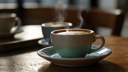 Fototapeta premium A steaming hot cup of coffee resting on a saucer next to another saucer.