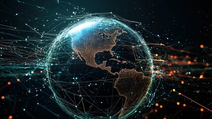 A glowing digital representation of the Earth with intricate web-like connections.