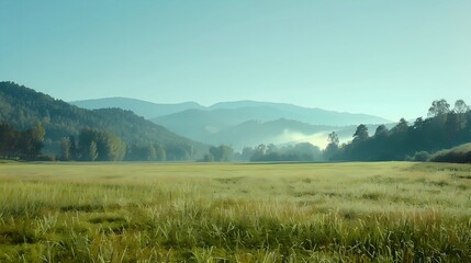 Fototapeta premium beautiful view of hills and field covered in thin mist