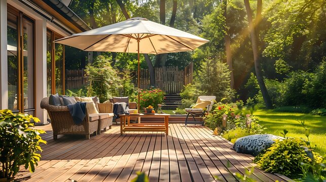 Summertime back yard with outdoor seating wooden patio furniture and sun umbrella or parasol