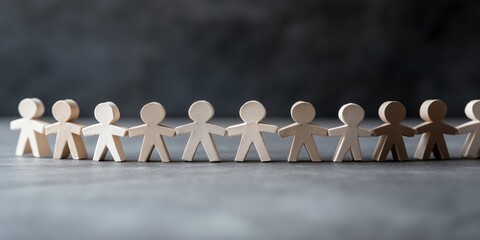 Together We Stand: A line of wooden figures holding hands, symbolizing unity, equality, and the power of community. The figures are unpainted, representing the inherent value of every individual. 