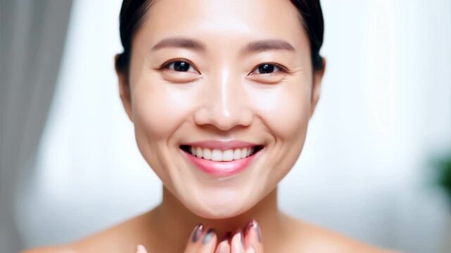 A woman with a smile on her face. She has a very nice complexion. She is wearing a white shirt