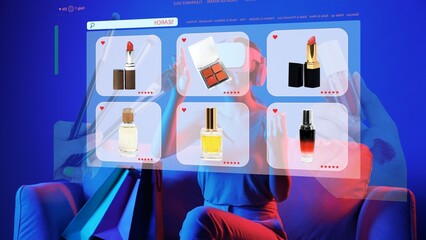 Sitting on sofa of woman in VR to metaverse interacting with shopping online website between...