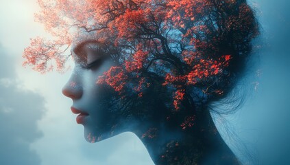 Surrealistic Double Exposure of Human Head with Nature Elements Including Trees, Flowers, and Lake, Concept Art

