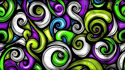 Fototapeta premium A swirling painting in shades of purple, green, and blue on a black canvas with white accents