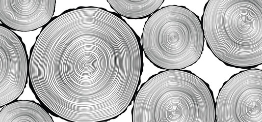 Cartoon drawing annual rings or growth rings. Deforestation. Tree or trees, cut ring pattern. For firewood. Wood stump surface Round piece of wood in cross section with wood texture pattern.