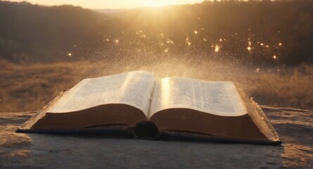 Light coming out of open book pages. Learning, education, knowledge and religion concept.