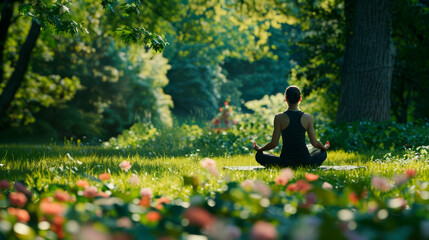 A person doing yoga outdoors in a park, surrounded by green nature and flowers, with a serene expression, 4k, realism, photography.