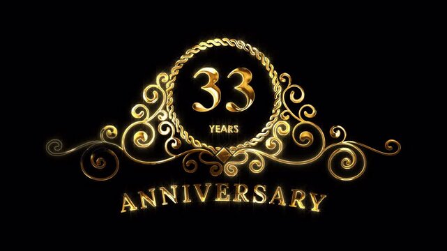 33rd Anniversary Celebration. Happy 33 Years Anniversary Animation in Gold Color on the Transparent Background, Alpha Channel. Great for greetings, celebrations, events, and gifts.