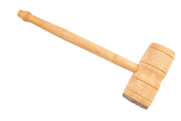 A wooden meat tenderizer, a kitchen tool used to tenderize meat before cooking. It has a long handle and a dual-sided head with one flat surface and one textured surface.