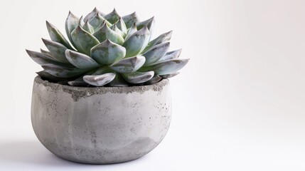 Potted echeveria succulent in concrete planter on white background in Scandinavian style