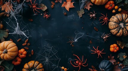 Fototapeta premium A spooky Halloween background with pumpkins, spiders, and cobwebs.