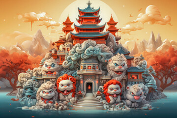 Fototapeta premium Fantastical Chinese Temple with Dragon and Clouds in Paper Art Style