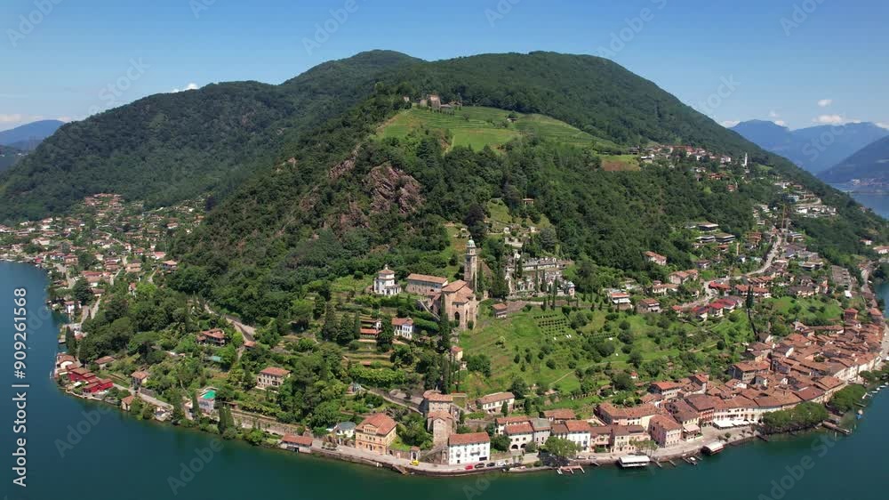 Sticker Morcote is one of the most beautiful villages in Switzerland, picturesque lake Lugano canton Ticino. aerial 4k hd video