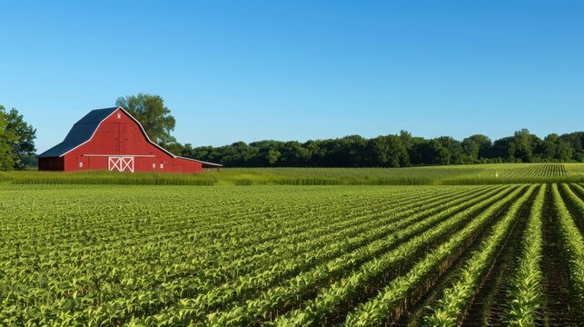 Wide view of a lush green farm field with rows of crops and a large red barn in the background under a clear blue sky. Rural landscape concept.