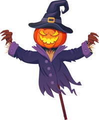 Horror scarecrow with pumpkin head. Cartoon horror character