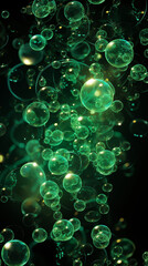 Green Soap Bubbles on Black Background, Abstract Image, Texture, Pattern Background, Wallpaper, Cover and Screen of Smartphone, Cell Phone, Computer, Laptop, 9:16 and 16:9 Format