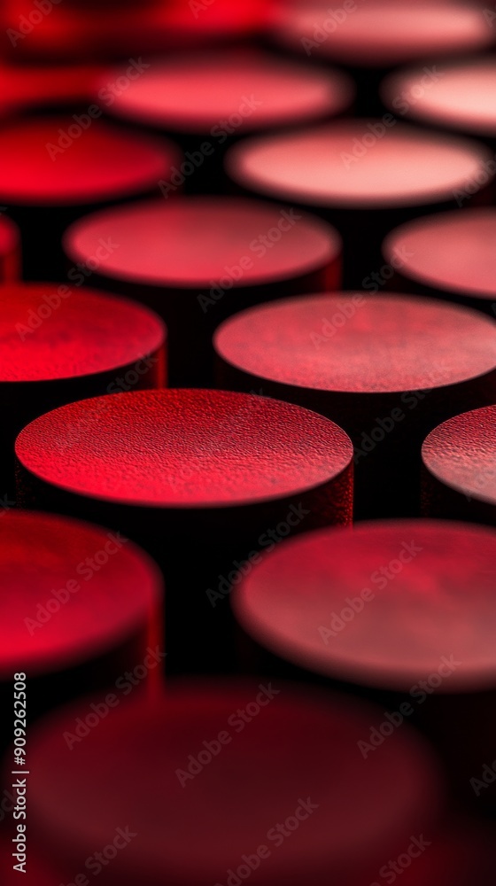 Poster macro shot of red textured cylinders in soft focus, abstract close-up. artistic design concept