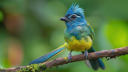 Fototapeta premium A blue bird perched on a moss-covered tree branch, with its yellow feathers shining in the sun
