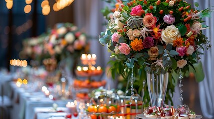 Tables with decorations bouquets of flowers food candles and cine decorations are ready for wedding or big venue inside a huge ballroom or wedding reception