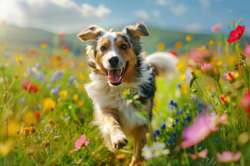 Australian shepherd dog running through a wildflower field on a sunny day