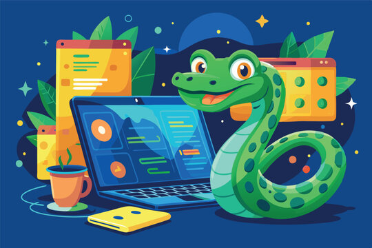 Vector illustration of cute green python coding on the laptop