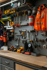 Fototapeta premium A clean and organized workspace of a plumber, featuring a workbench with neatly arranged tools, various pipe fittings, and safety gear hanging on the wall.