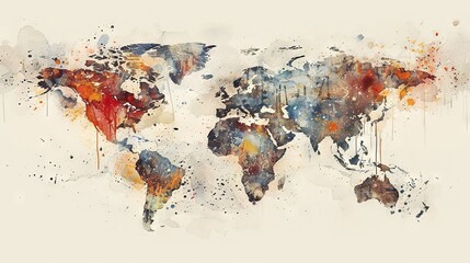   A watercolor map of the world on white paper