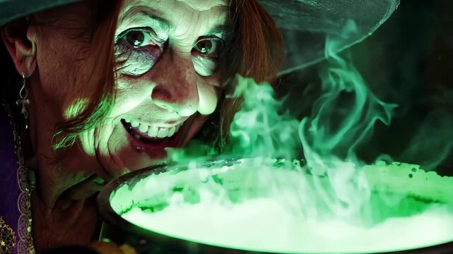 Witch stirring a bubbling cauldron. A witch with a pointed hat and warty nose mixes a potion in a steaming, bubbling cauldron. The green glow of the potion lights her face eerily.
