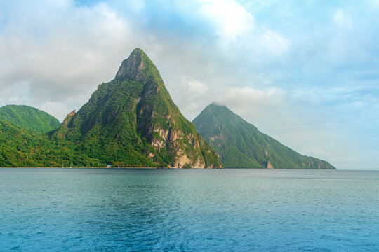 St Lucia twin pitons seen from the ocean