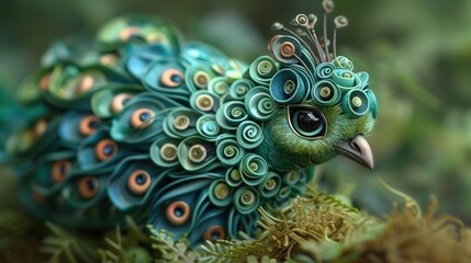 Obraz premium Close-up photo of a peacock with iridescent feathers covering its head and a green body adorned with orange, orange, and blue circles on its