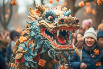 Obraz premium Vibrant Dragon Dance in a Festive Street Celebration