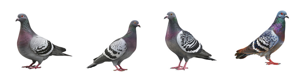 set of A natural sideview of a cute pigeon standing on the ground. on a transparent background 