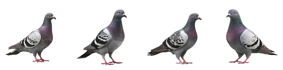 set of A natural sideview of a cute pigeon standing on the ground. on a transparent background 
