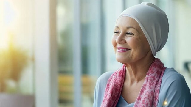 Happy senior Caucasian female cancer patient wearing headscarf in wheelchair at hospital
