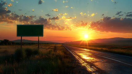 Scenic sunset over a quiet country road with a blank billboard, golden light reflecting off the wet pavement, and vibrant sky colors.