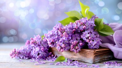Fototapeta premium A box of purple flowers resting atop wood next to a purple cloth on a wooden table