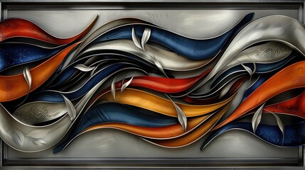  A painting-like artwork featuring metallic waves with orange, blue, and silver hues