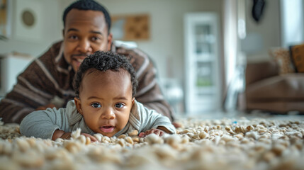 Cheerful Multiracial Toddler Smiling in Foreground With Parents in Soft Focus Background. Generative ai