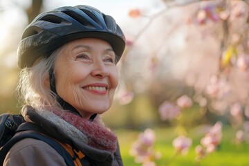 Elderly woman in a bicycle helmet, smiling brightly, standing near blooming cherry blossoms, enjoying a sunny day, symbolizing joy and vitality in an active lifestyle, copy space

