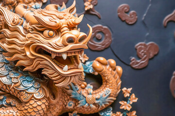 Obraz premium Dramatic Red Dragon Sculpture Amid Fiery Clouds