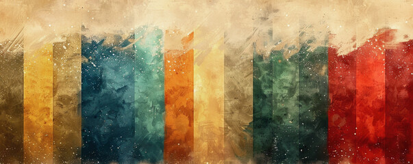 Banner, watercolor drawing of gold, green and red christmas stripes on light beige background.