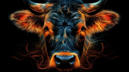   Close-up of a bull's face on black background with red, orange, and yellow swirls