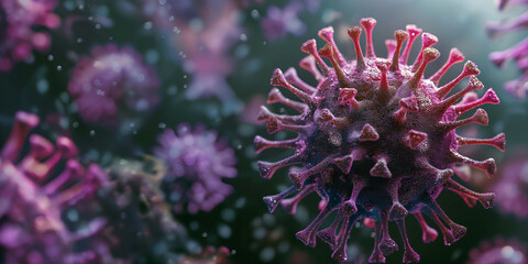 A close-up view of a single virus particle, with a magnified, detailed surface texture.