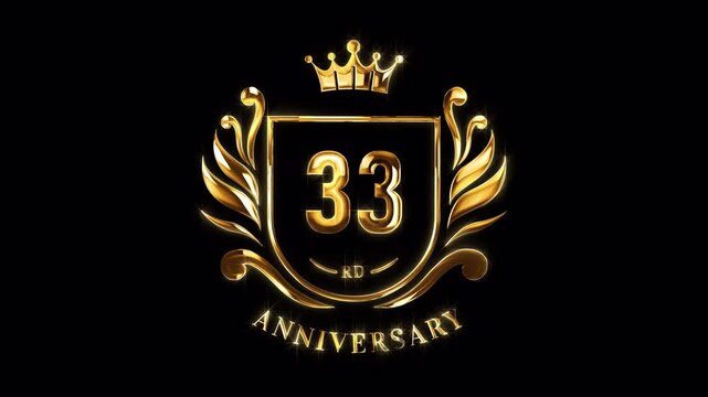 33rd Anniversary Celebration. Happy 33 Years Anniversary Animation in Gold Color on the Transparent Background, Alpha Channel. Great for greetings, celebrations, events, and gifts.